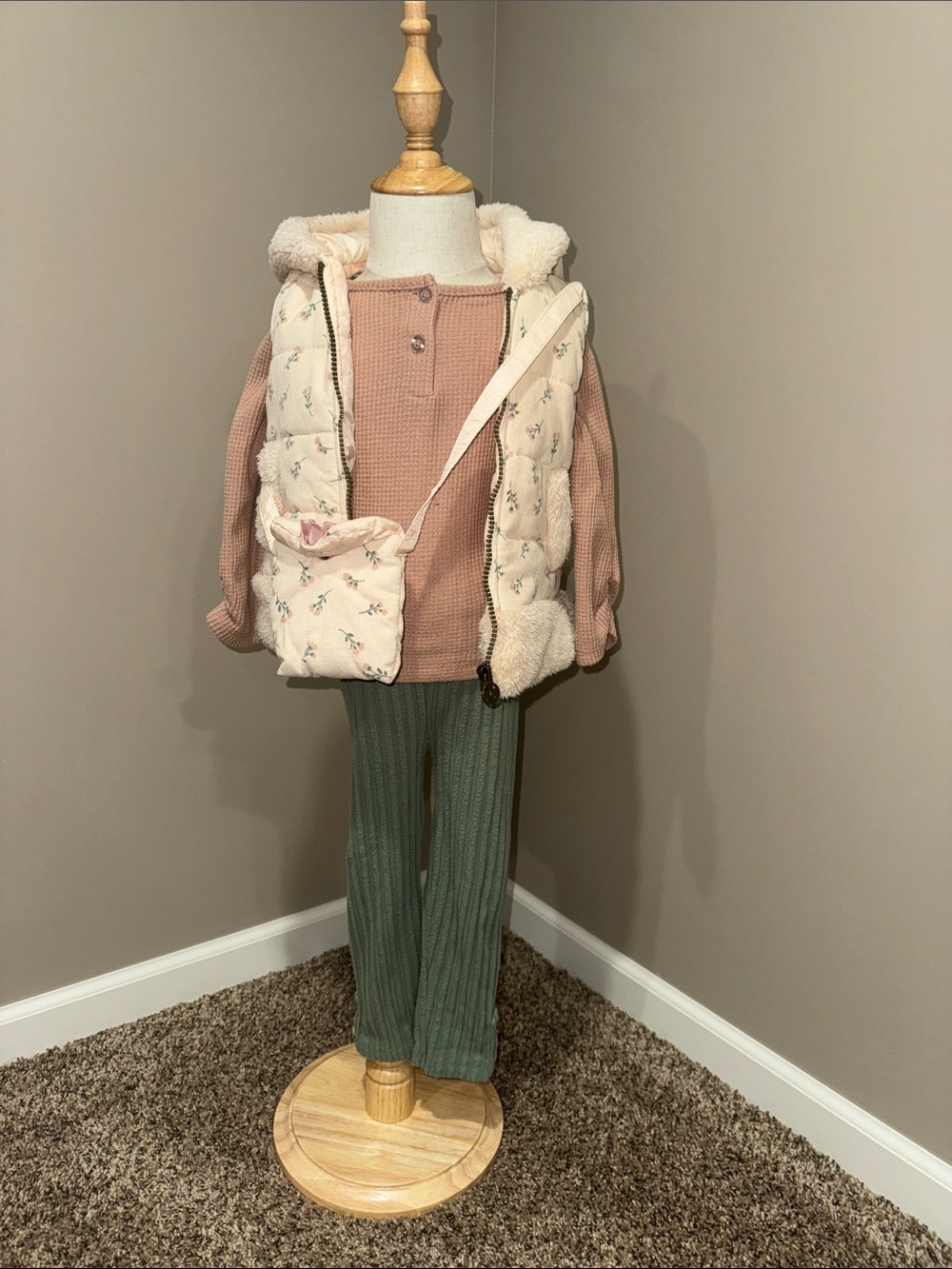 Kids Cozy Knit Set with Floral Puffer Vest - Pink and Green